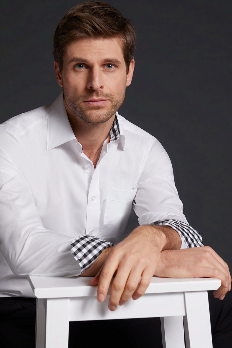 Laden Sie das Bild in Galerie -Viewer, Modisches Shirt mit Karo-Einsätzen an Kragen und Manschette - JN619