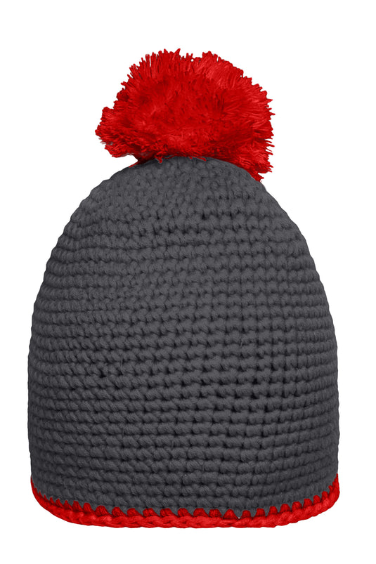 Pompon Hat with Contrast Stripe