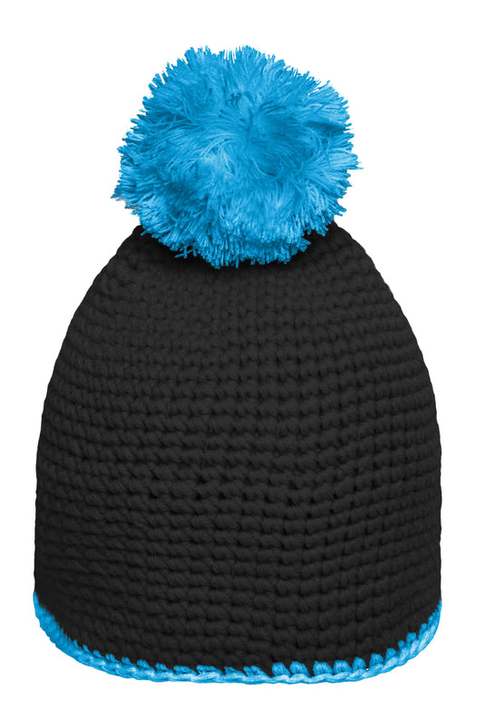 Pompon Hat with Contrast Stripe
